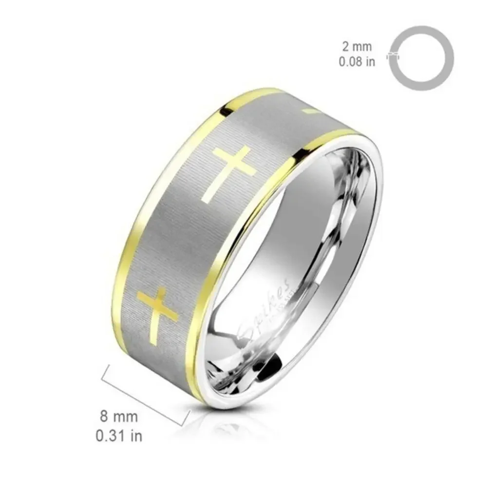 Gold Cross with‎ Brush center and Gold Edge 316L Stainless Steel Ring size 10